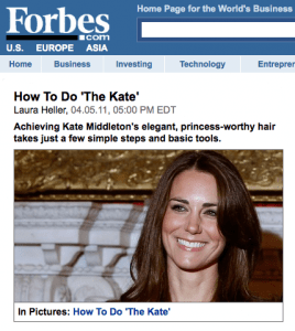 A screen shot taken from Forbes.com that talks about how to achieve Kate Middleton's hair style.